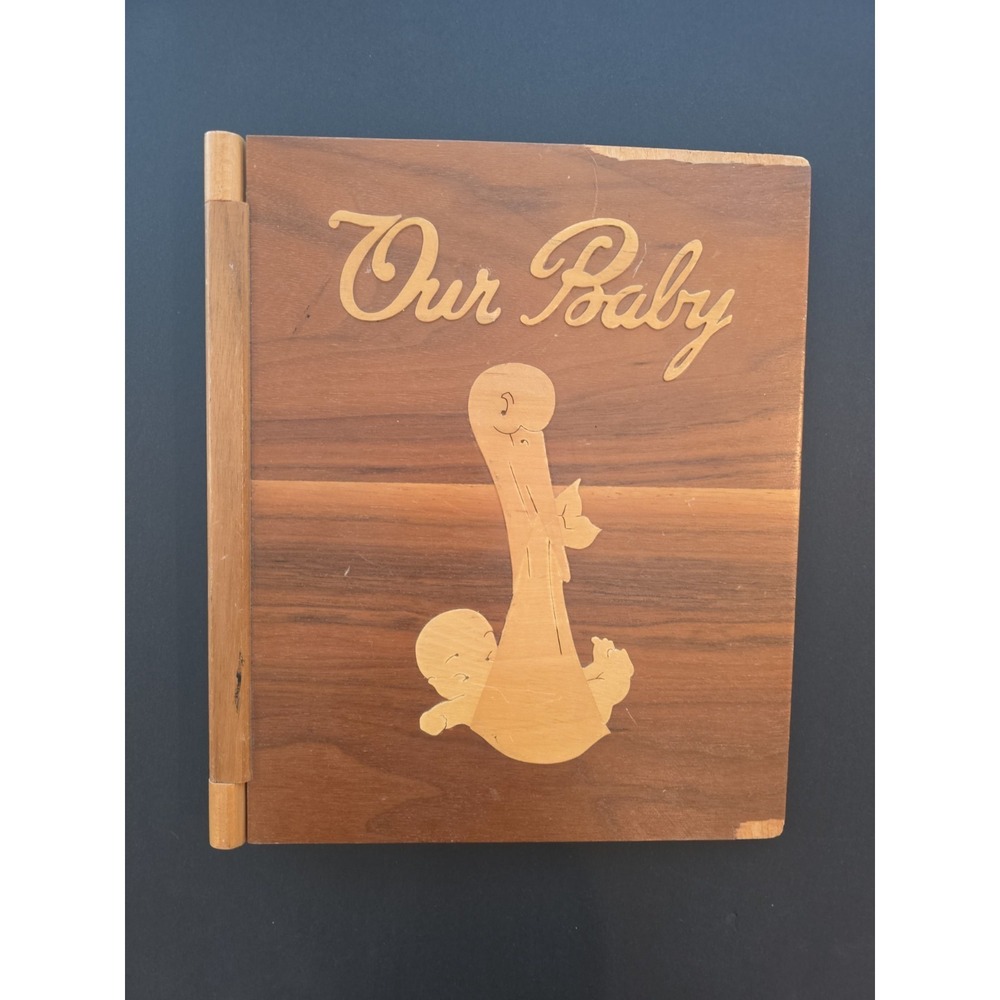 1940's VTG Wood "Our‎ Baby" Book Stork USED 9"×11" Pasadena Woodcraft Company